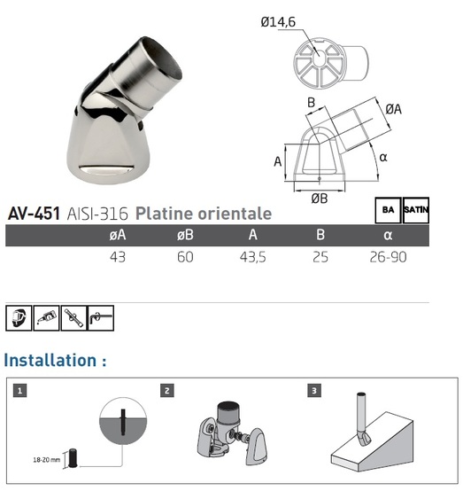 Platine orientable pour ø43 Inox 316