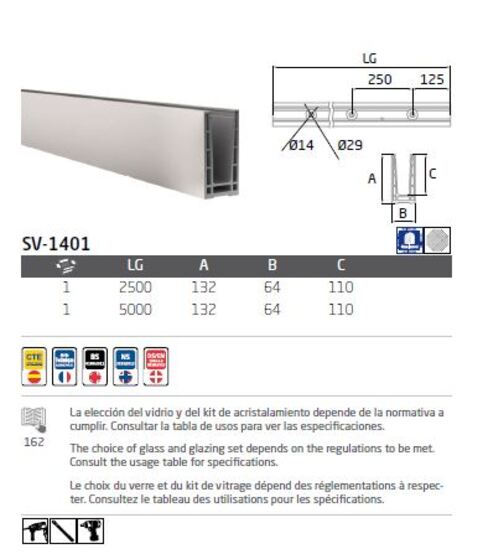 Profilé aluminium 1KN 132 x 64 x 2500mm fixation au sol