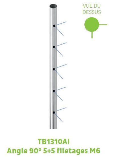 Poteau angle 90° ø42,4 ep. 2mm H.995 ou H.1200 - 5+5 filetages M6 90°