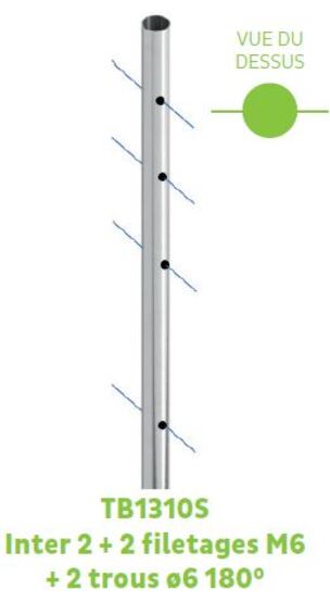 Poteau Intermédiaire ø42,4 ep. 2mm H.995 ou 1200 2+2 filetages M6 180°