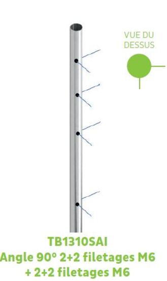 Poteau Angle 90° ø42,4 ep. 2mm H.995 4+4 filetages M6 90°