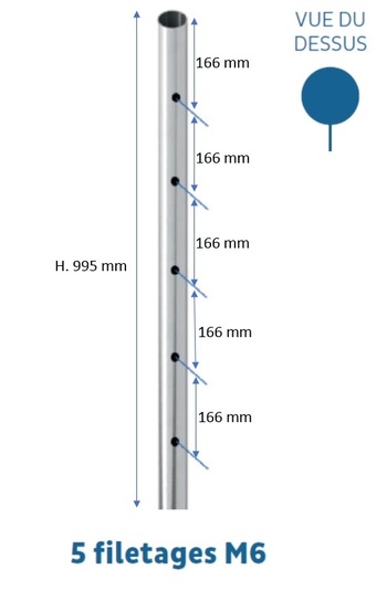 Poteau départ ø43 ep. 1,5mm H.995 ou H.1200 - 5 filetages M6