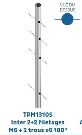 Poteau Intermédiaire ø43 ep. 1,5mm H.995 ou 1200 2+2 filetages M6 180°